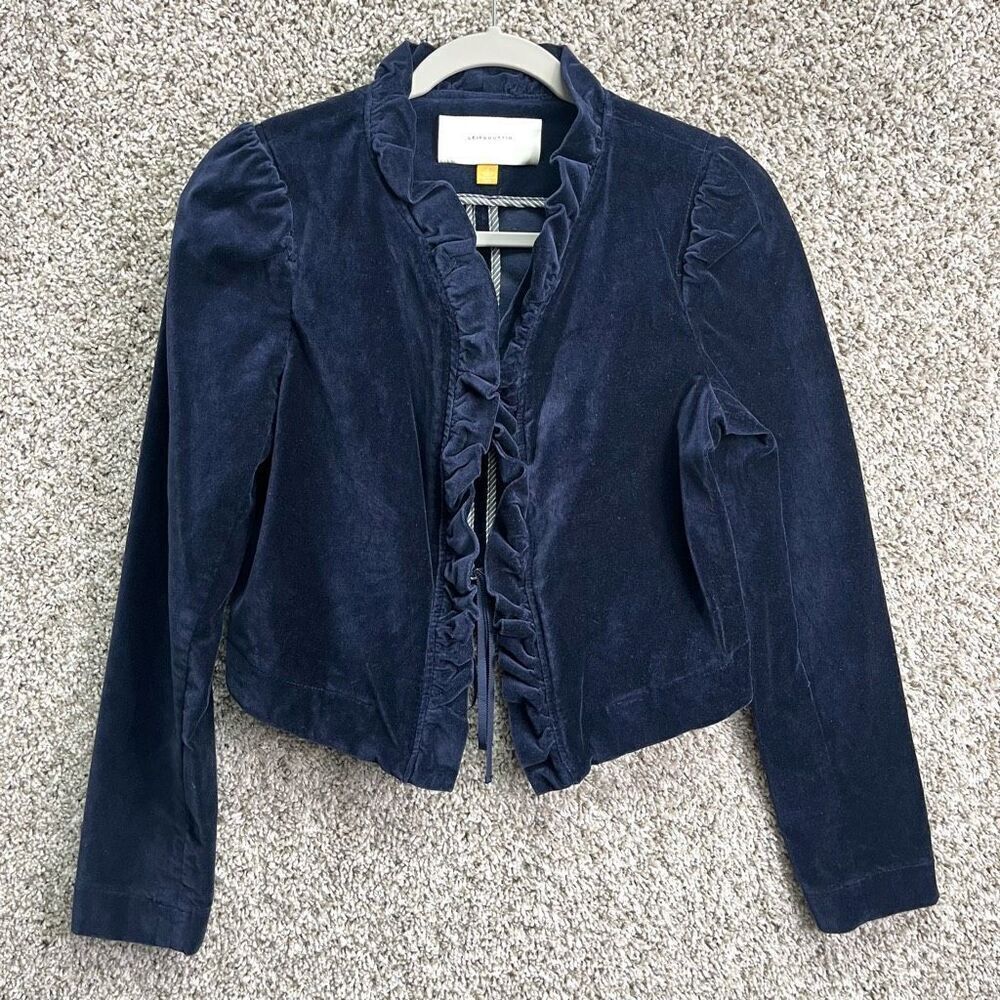 Leifsdottir Jacket Women’s 4 Anthropologie Maude Dark Blue Velvet Ruffle Trim Bl